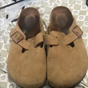 Tan Suede Clogs with Buckle